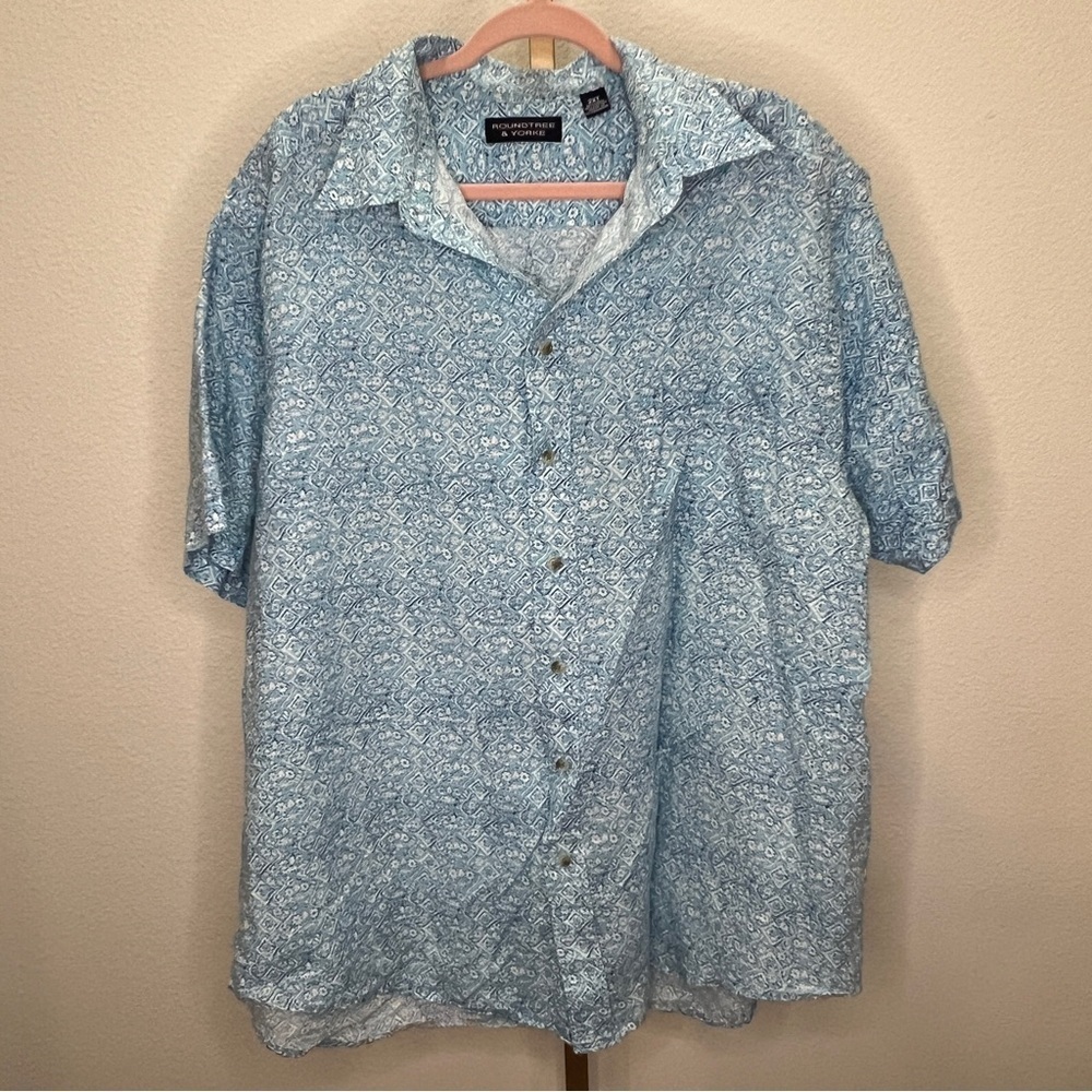 Roundtree & Yorke Linen Button Down Shirt Blue & White 2XT